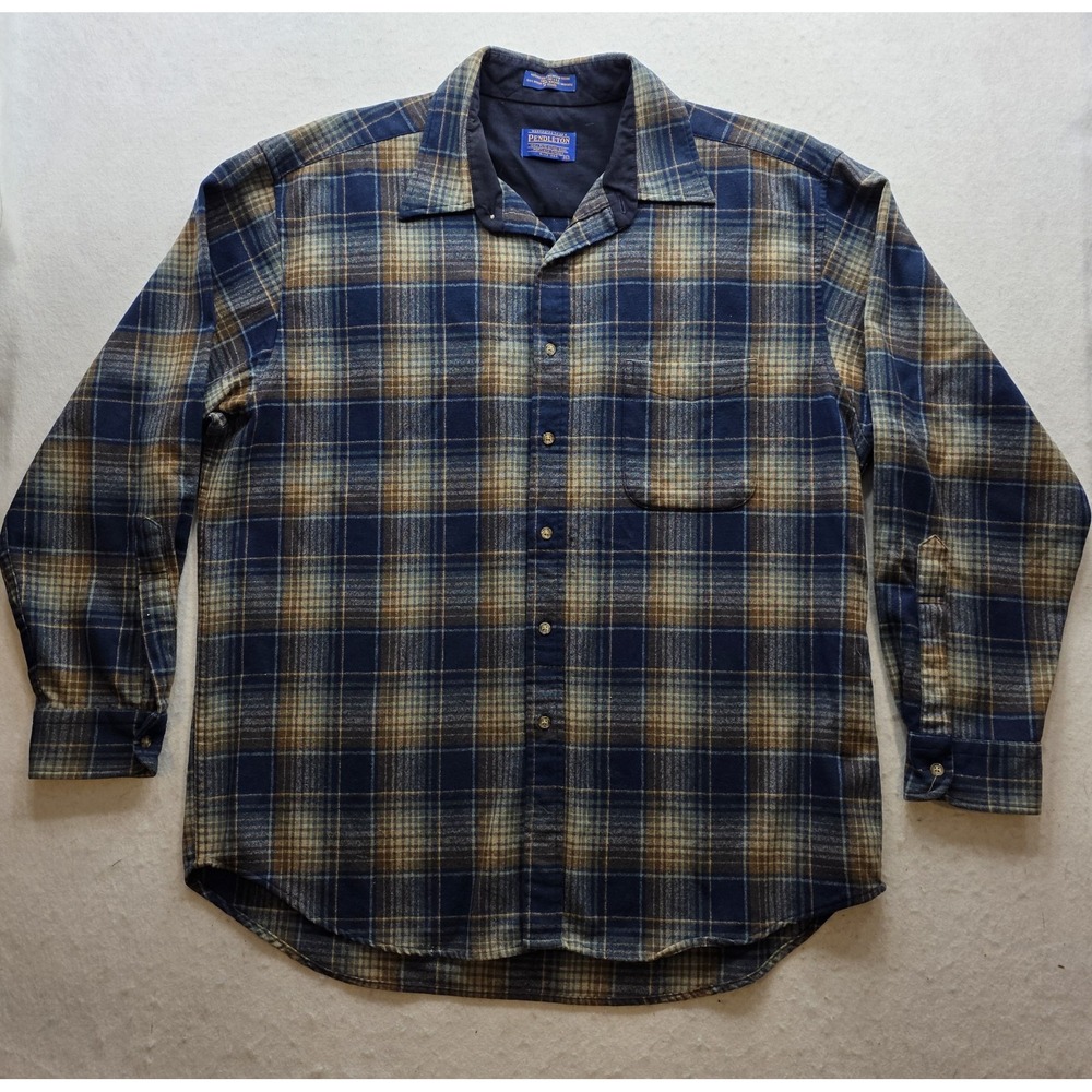 Pendleton‎ Blue & Brown Virgin Wool Plaid Button Up Flannel Shirt. Size XL - Picture 2 of 7